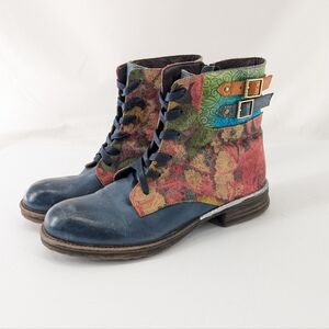 Socofy Botas Mujer Watercolor Rose Boho Cottagecore Leather Lace Up Boots 11